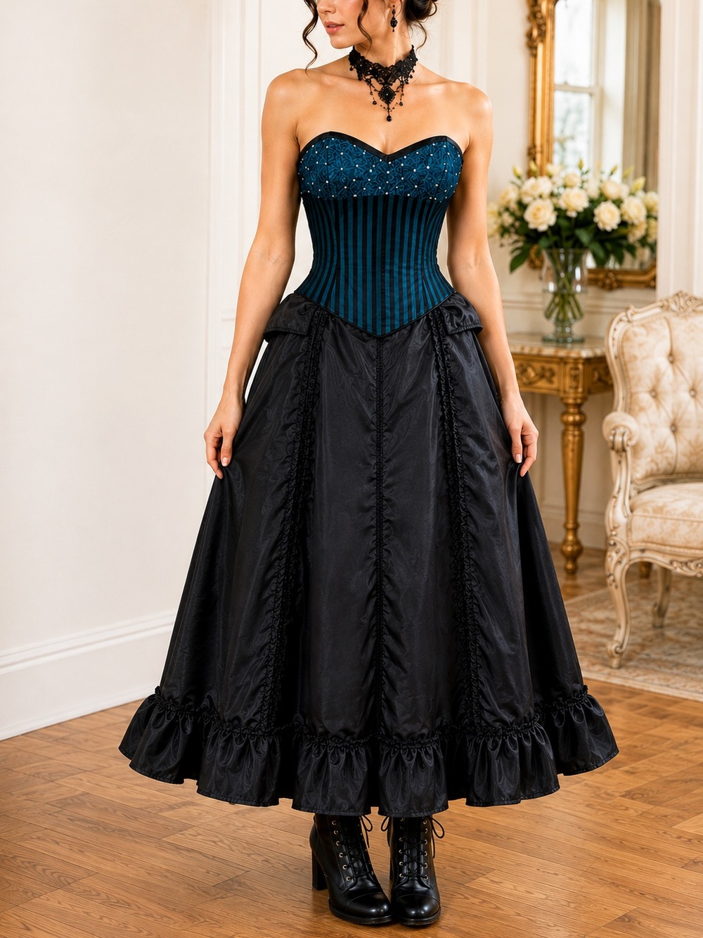 Gothic Victorian Teal Embellished Corset Black Ruffle Maxi Skirt Dress Size L
